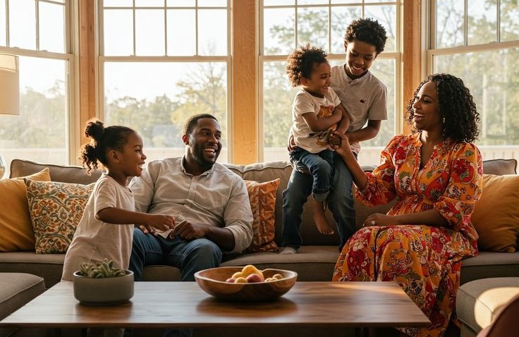 Joyful multigenerational Black family with grandparents and grandchildren embracing outdoors