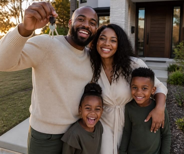 Happy Black couple smiling proudly outside their beautiful new home with keys